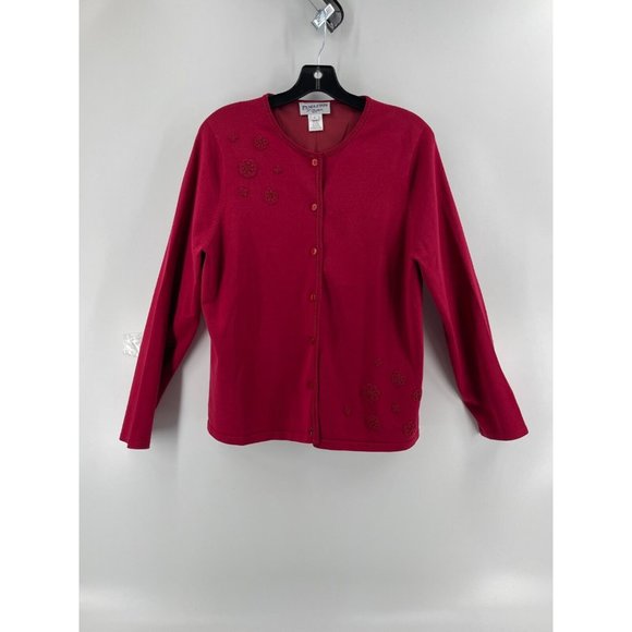 Pendleton Women's Red Knit Long Sleeve Silk Cardigan Sweater Embroidered Beads L - Picture 2 of 12